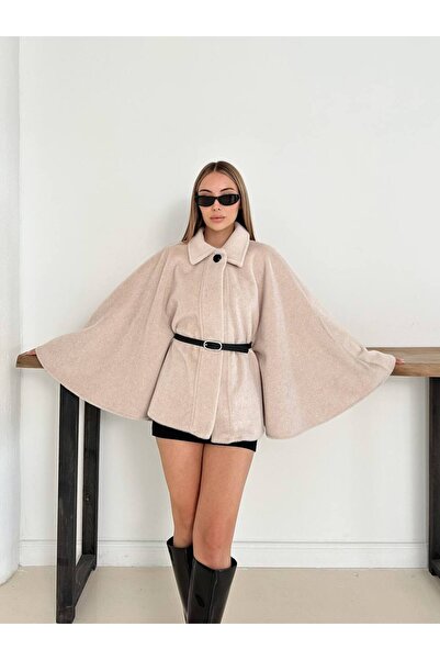 ZF BUTİK Belt Detailed Cashmere Cape Jacket