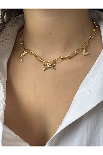 M Miel Women's Boots Bow Heart Detail Charm Necklace