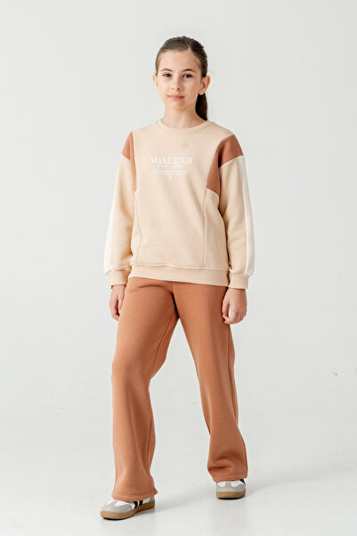 AHENGİM Girl's Make Your Printed 3 Thread Thick Winter Tracksuit Set Ak4227