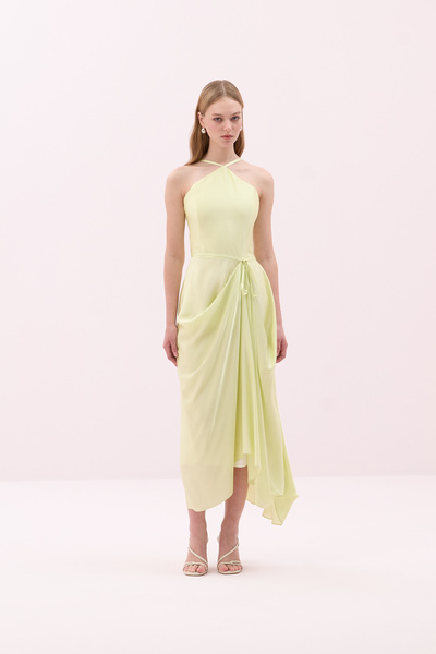 Roman Halter Yaka Beli Kuşaklı Midi Boy Saten Elbise Sarı Y2511332_009