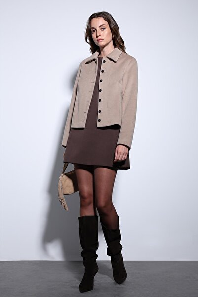 Antioch Beige Shirt Collar Short Cashmere Jacket