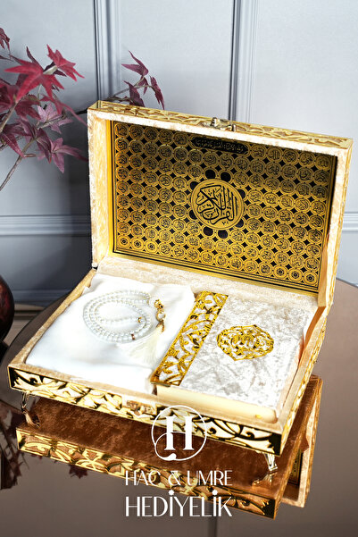 Hac Umre Hediyelik Süslemeli Hediyelik Kadife Kaplı Kutulu Kuranı Kerim | Ahş...