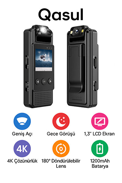 qasul Mini Body Camera Video-Fotoğraf-Ses Kayıt Kaydedici 180° Uyumlu  Lens M...