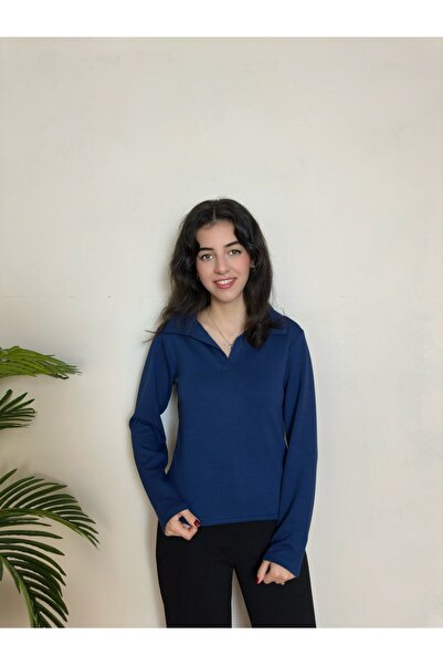 BELISTIL Bluză din țesătură modal, albastru marin, cu guler polo, tricou cu m...