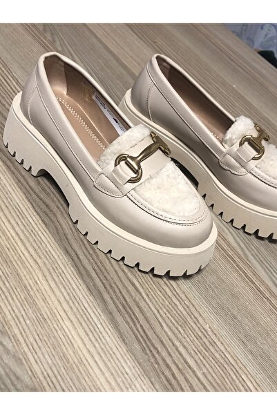 PUNTO Kadın Peluş Detay Loafer Ayakkabı Bej