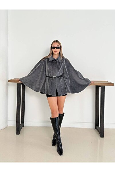 ZF BUTİK Belt Detailed Cashmere Cape Jacket