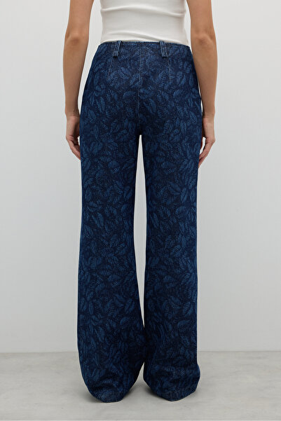 Roman Önü Metal Fermuarlı Çift Cepli Geniş Paça Pantolon İndigo K2612013_043