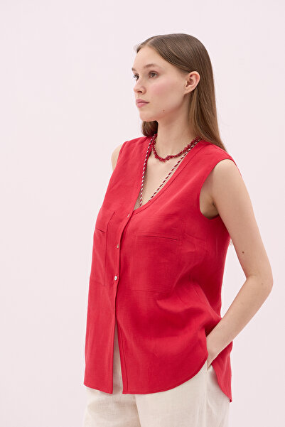 Roman V Yaka Çift Cepli Keten Gömlek Kırmızı Y2513528_006