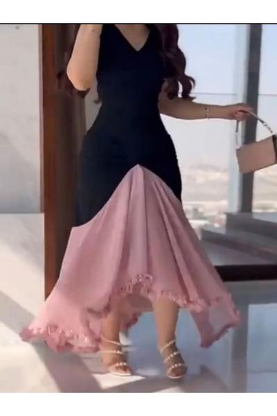 TREN فستان سهرة من الكريب بلونين، ماكسي غير متماثل، بكشكشة، أسود، وردي باهت، مناسب لحفلات الكوكتيل الرسمية