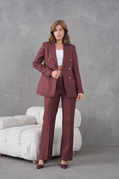 nodilife Gold Düğmeli Yünefekt Kadın Takım Elbise Mürdüm