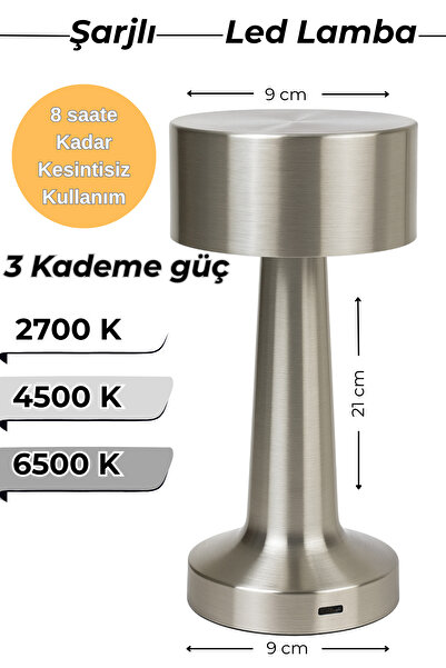 ga gözde aydınlatma Gümüş Rengi ♦ Şarjlı LED Masa Lambası ♦ 3 Kademeli Işık R...