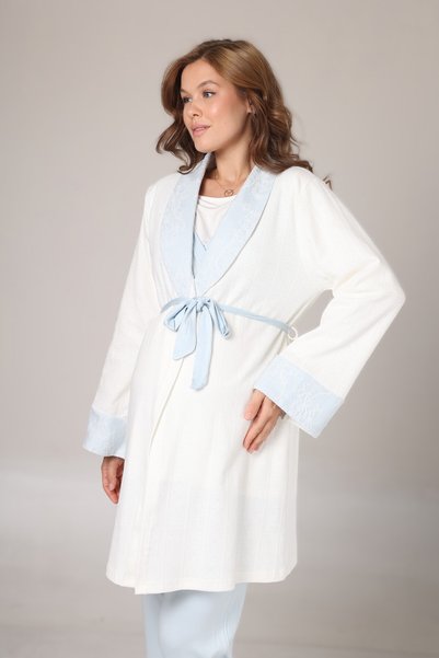 Lohusa Dünyasi Women's Powder Shawl Collar Cotton Maternity Pajama Set with Dressing Gown, 3-Piece Pajama Set