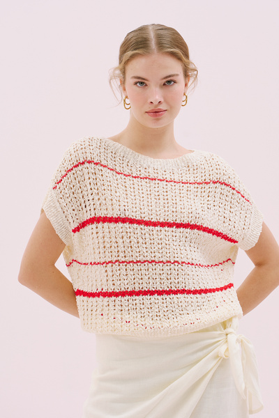 Roman Kısa Kol Triko Bluz Ekru-Kırmızı Y2571011_657