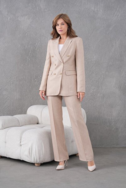 nodilife Gold Buttoned Woolen Women's Suit Beige