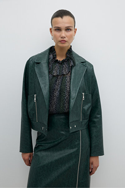 Roman Fermuar ve Çıtçıt Detaylı Kruvaze Ceket Yeşil K2616002_012