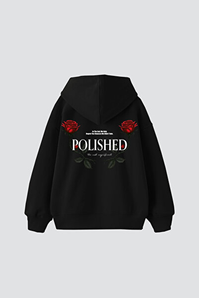Sekizbiraltı Hanorac negru oversize unisex cu imprimeu Rose poloneză