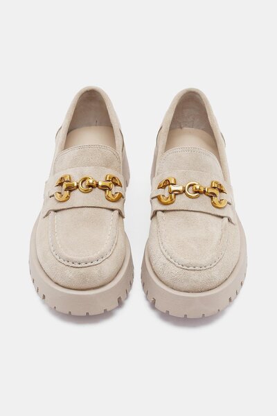 Bestyle Pamela Women's Beige Real Suede Leather Buckle Detailed Loafer