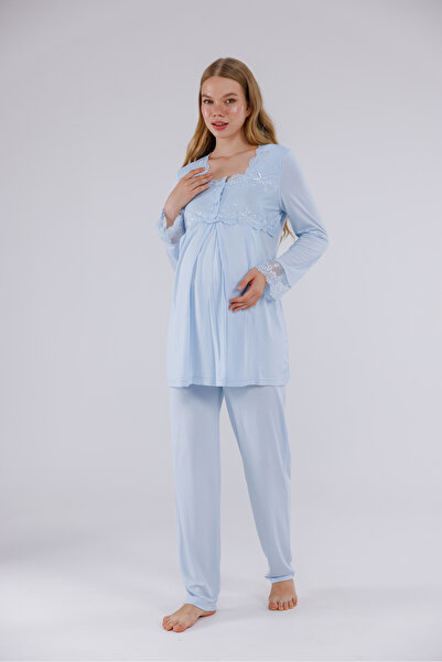 Yulem Homewear Mavi Özel Dantelli Uzun Kollu Pamuklu Lohusa Hamile Pijama Takım