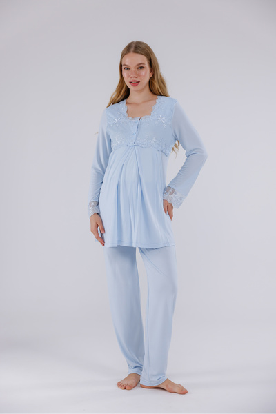 Yulem Homewear Mavi Özel Dantelli Uzun Kollu Pamuklu Lohusa Hamile Pijama Takım