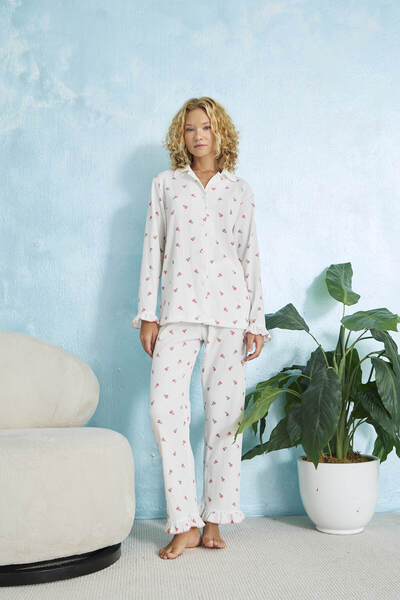 STELLAPİNK Beyaz Mini Çiçek Desenli Fırfır Detaylı Bürümcük Uzun Kollu Pijama Takımı
