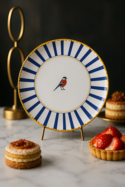 grandora Kuş Desenli 6’lı Pasta Tabağı Seti – Modern ve Şık Sunum Tabakları (Mavi Çizgili)