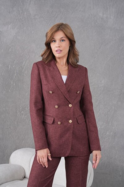 nodilife Gold Düğmeli Yünefekt Kadın Takım Elbise Mürdüm