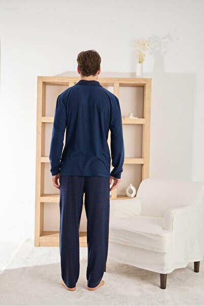 RAPAPA Ανδρικό χειμερινό βαμβακερό σετ πιτζάμες με κουμπιά – Σκούρο μπλε τετράγωνο σχέδιο 6400-7