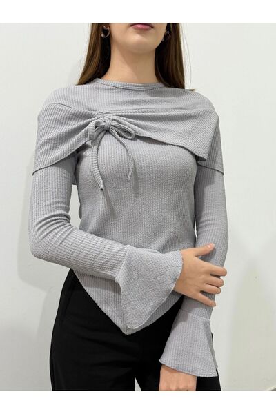 peri tower New Product Women's Wrinkled Crew Neck Asymmetrical Flounce Long Sleeve Blouse (Suitable for Hijab) 0038
