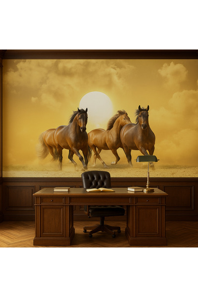 DCF DİZAYN Keten Dokulu Dekoratif Duvar Posteri / Tablo – “Koşan Atlar” Tasarımı