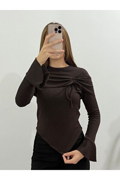 peri tower New Product Women's Wrinkled Crew Neck Asymmetrical Flounce Long Sleeve Blouse (Suitable for Hijab) 0038