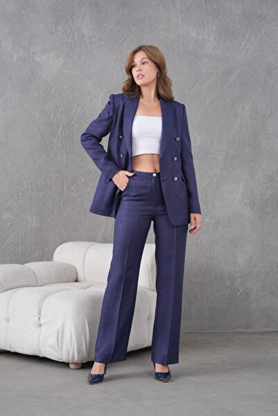 nodilife Gold Düğmeli Yünefekt Kadın Takım Elbise Lacivert