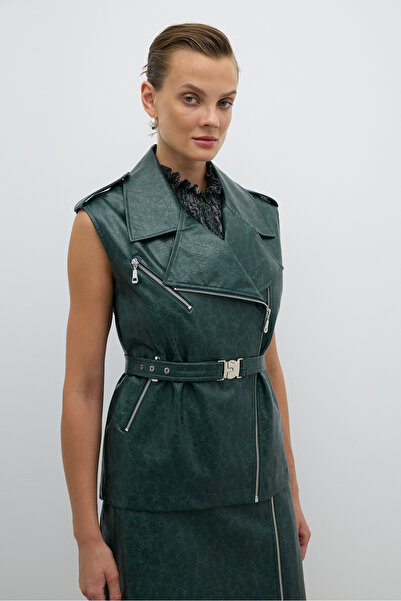 Roman Çıkarılabilir Kemer ve Çıtçıt Detaylı Kruvaze Yelek Yeşil K2617011_012
