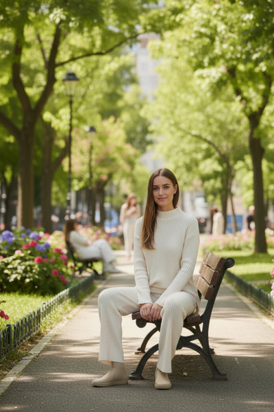 TrendParis Ribbed Knitwear Set with Buttoned Sleeves Detail Ecru