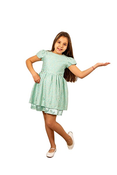 Kıvanç Çocuk Giyim Girl's Jacquard Short Sleeve Dress with Flowered Evening D...