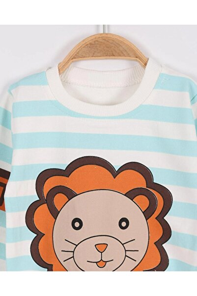 voyyo kids baby Lion Patterned Baby Set (3-18 Months) - Striped Long Sleeve Sweatshirt and Sweatpants