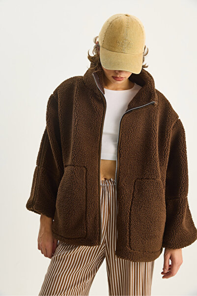 Bianco Lucci Kadın Cep Detaylı Fermuarlı Astarlı Dik Yaka Peluş Mont 60283631