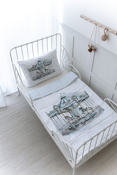 Tuğba Kuğu Organic Printed Baby (100X150) Quilt Set - Royal Series - Blue Carousel