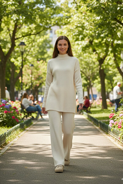 TrendParis Ribbed Knitwear Set with Buttoned Sleeves Detail Ecru