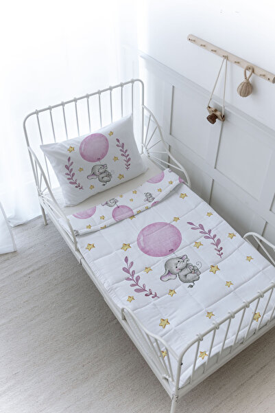 Tuğba Kuğu Organic Printed Montessori (100X200) Quilt Set - for Baby Series - Pink Big Balloon Elephant