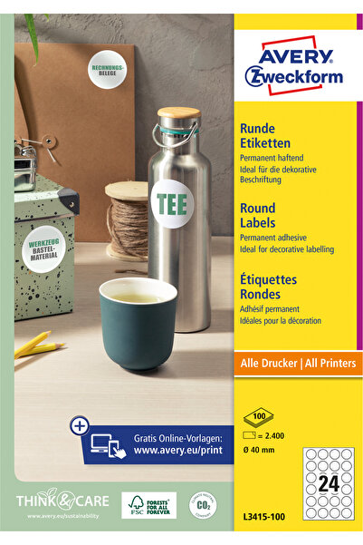 Avery Zweckform Etichete L3415-100, diametru Ø40 mm, 24 etichete/A4, 100 coli...
