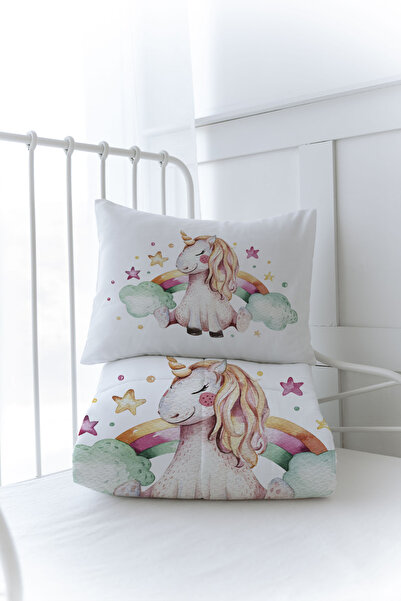Tuğba Kuğu Organik Baskılı Montessori (100x200) Yorgan Seti Yorgan Seti - For Baby Serisi - Gökkuşaklı Unicorn