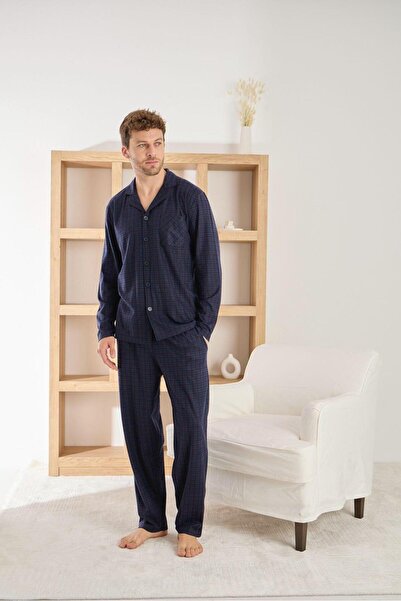 RAPAPA Ανδρικό χειμερινό βαμβακερό σετ πιτζάμες με κουμπιά – Σκούρο μπλε τετράγωνο σχέδιο 6400-7