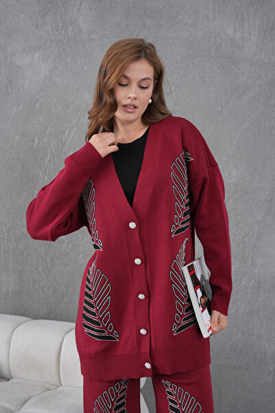 Miss Allos Women's Beaded and Embroidered Wide-Fit Knitwear Cardigan and Pants Top and Bottom Set