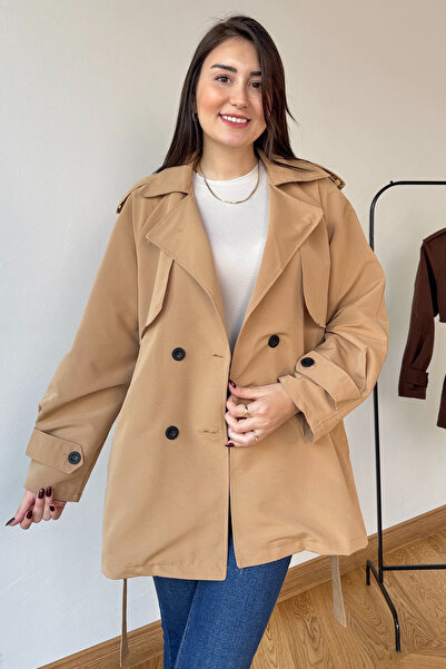 Cappmoda Ckt-12468 Mink Belted Medium Length Epaulet Trench Coat