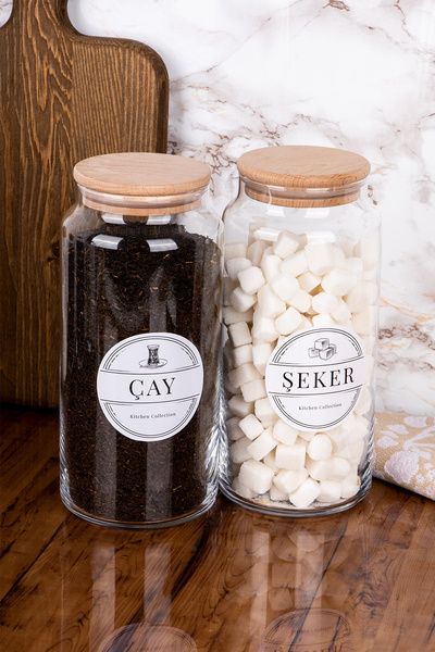 Minya Home 2 Adet Cam Kavanoz Seti Ahşap Vakum Kapaklı Çay Şeker Saklama Kavanozu 1300 ml