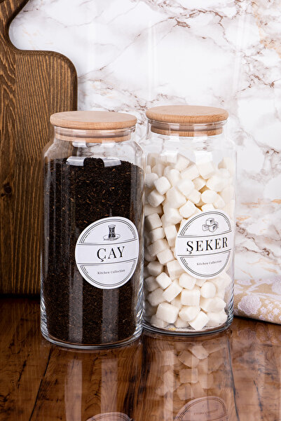 Minya Home 2 Adet Cam Kavanoz Seti Ahşap Vakum Kapaklı Çay Şeker Saklama Kavanozu 1300 ml