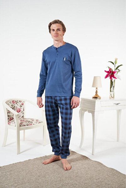 Estiva Combed Cotton Interlock Checkered Long Sleeve Men's Pajama Set