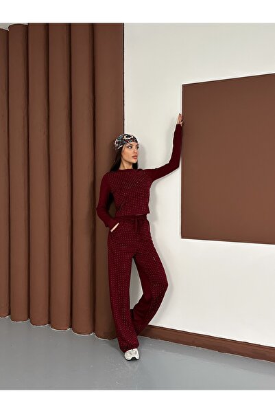 LE CARAMBOLE Women's Burgundy Stone Print Detailed Modal Fabric Top and Bottom Set