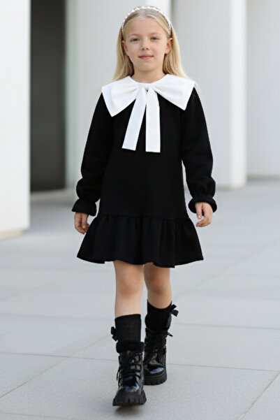 Parla Kids Kız Çocuk Rashel Siyah Elbise Beyaz Yakalı Fırfırlı Uzun Kol 23 Nisan 29 Ekim Gösteri Elbisesi