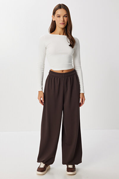 Lovelyİstanbul Barrel Fit Stoperli Örme Eşofman Altı LUB0254 KAHVERENGİ